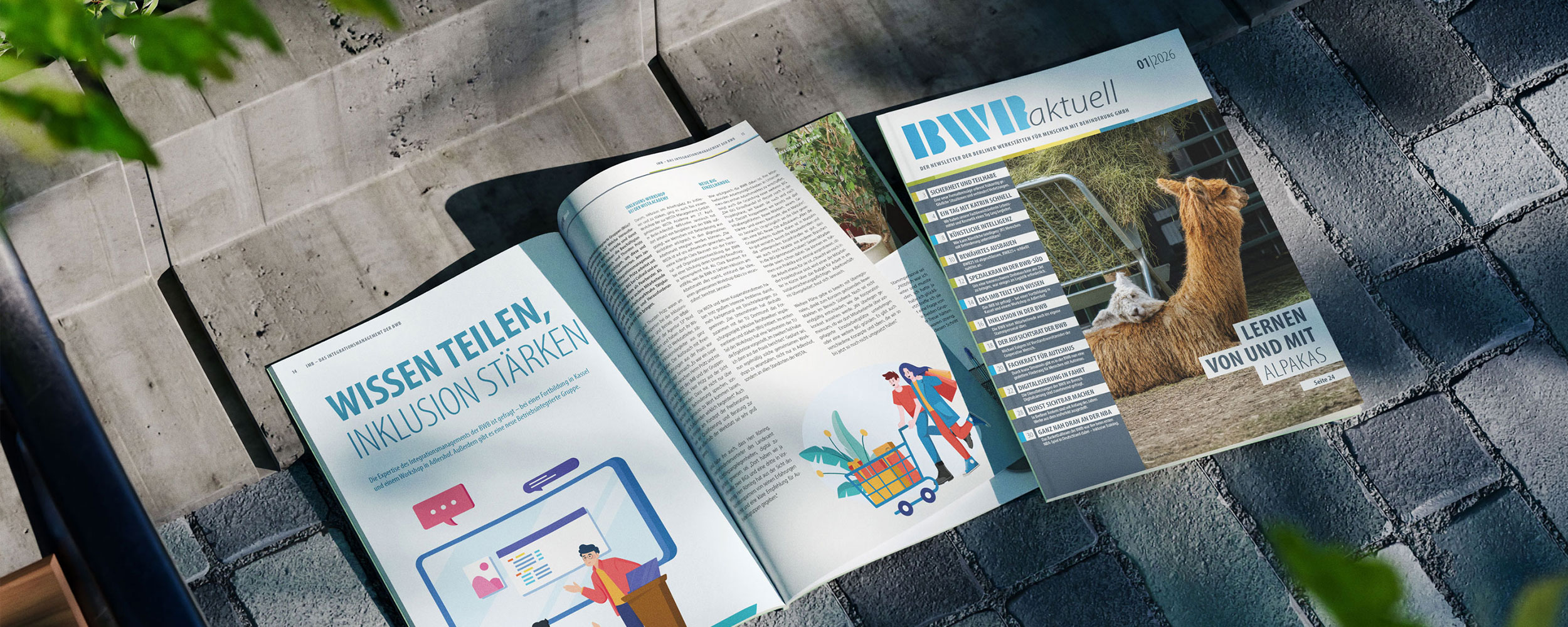 Das Magazin liegt auf auf einer Steinterrasse. Einmal geschlossen und einmal aufgeschlagen.